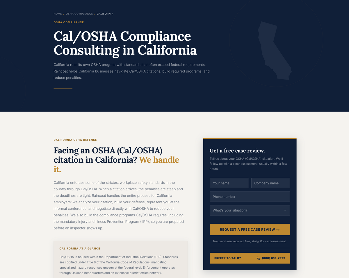 Raincoat Claims state-specific page architecture